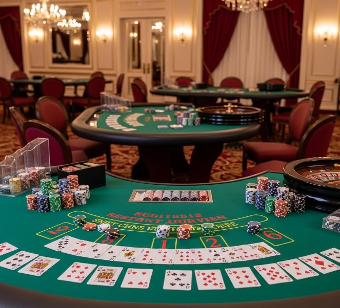 Elegant casino tables with gaming supplies